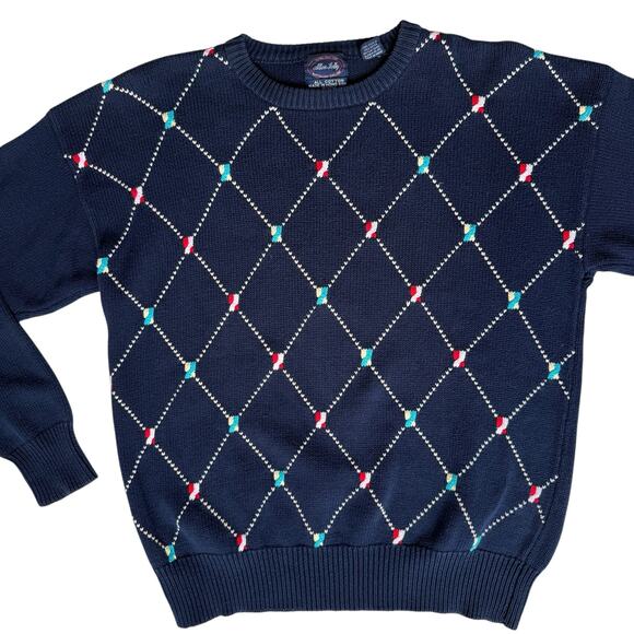 Vtg Preppy Navy Blue Sweater Mens XL Cotton Argyle Nautical Resort Y2K Academia - Picture 1 of 11